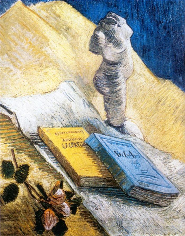 Vincent Willem Van Gogh Peinture à l'huile - Nature morte avec statuette en plâtre une rose et deux romans