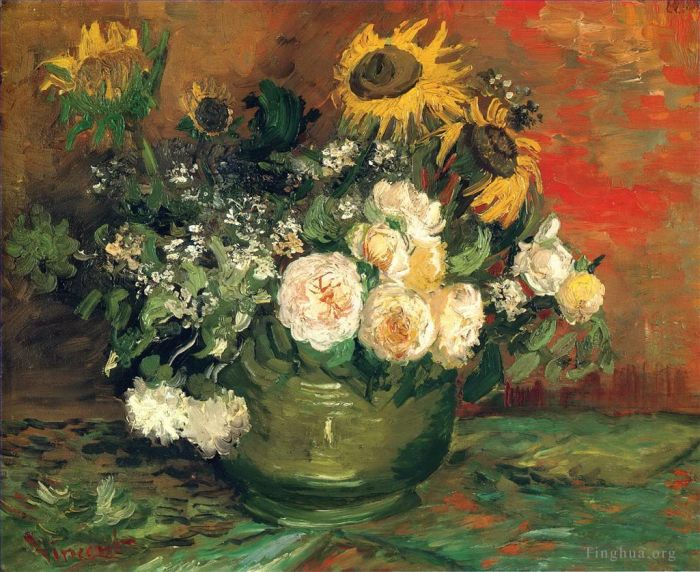 Vincent Willem Van Gogh Peinture à l'huile - Nature morte aux roses et tournesols