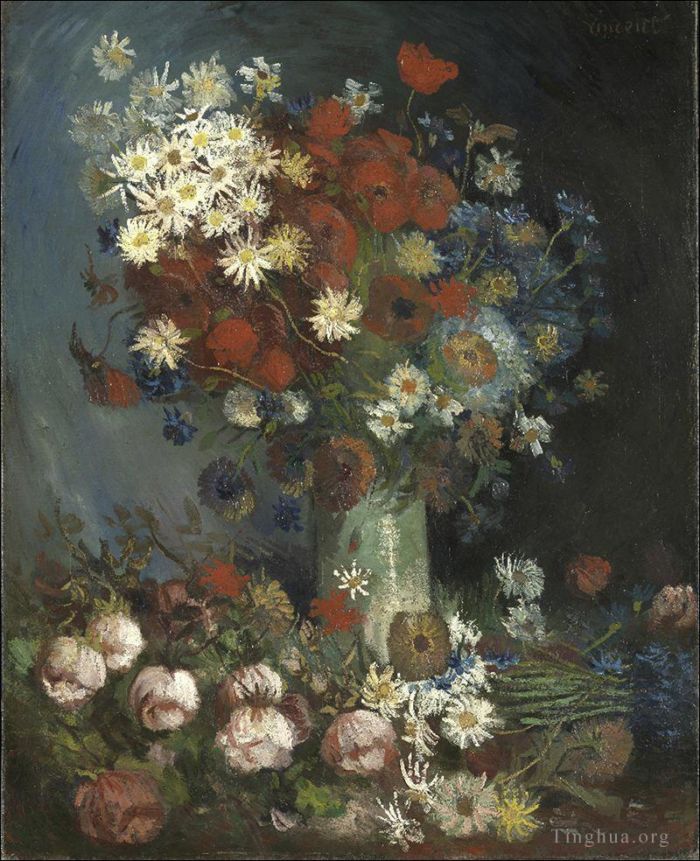 Vincent Willem Van Gogh Peinture à l'huile - Nature morte aux fleurs des prés et aux roses