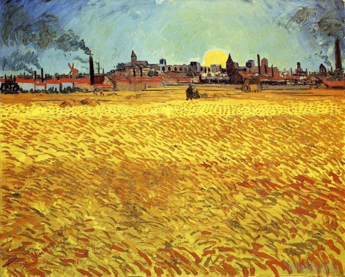 Vincent Willem Van Gogh Peinture à l'huile - Champ de blé de soirée d'été avec soleil couchant