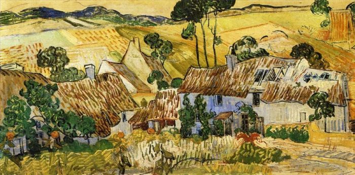 Vincent Willem Van Gogh Peinture à l'huile - Maisons au toit de chaume contre une colline