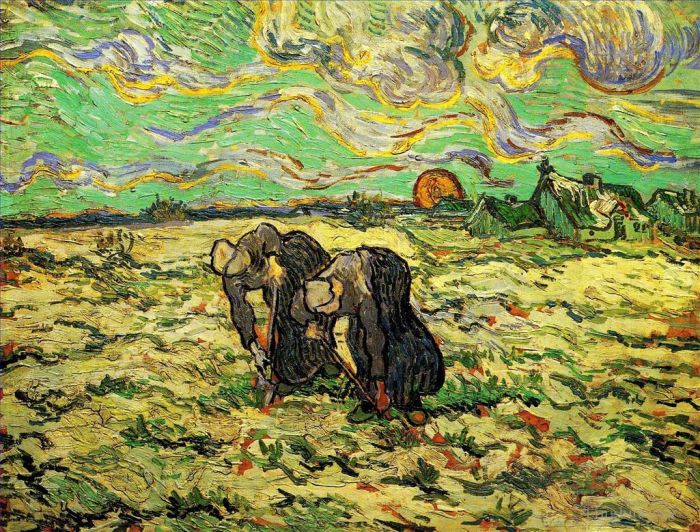 Vincent Willem Van Gogh Peinture à l'huile - Deux paysannes creusant dans un champ avec de la neige