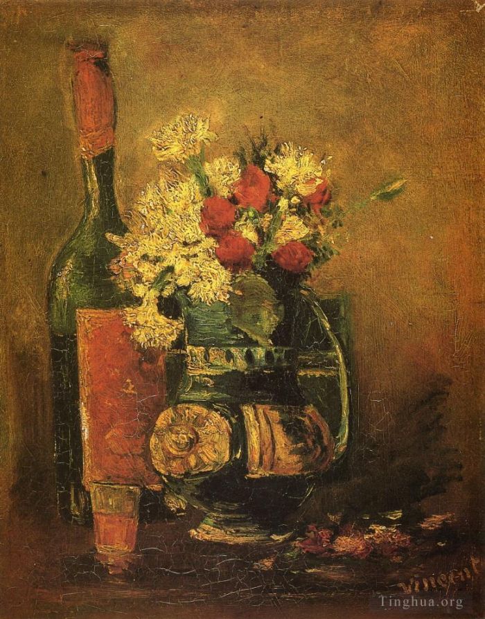 Vincent Willem Van Gogh Peinture à l'huile - Vase avec œillets et bouteille