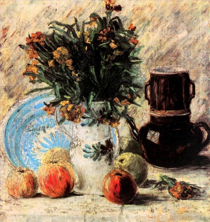 Vincent Willem Van Gogh Peinture à l'huile - Vase avec fleurs, cafetière et fruits