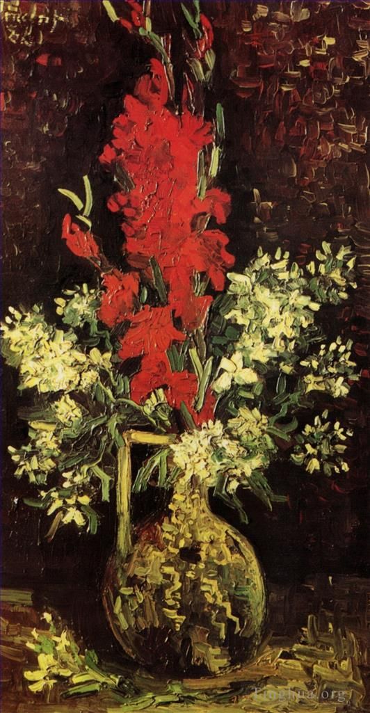 Vincent Willem Van Gogh Peinture à l'huile - Vase avec Glaïeuls et Oeillets 2