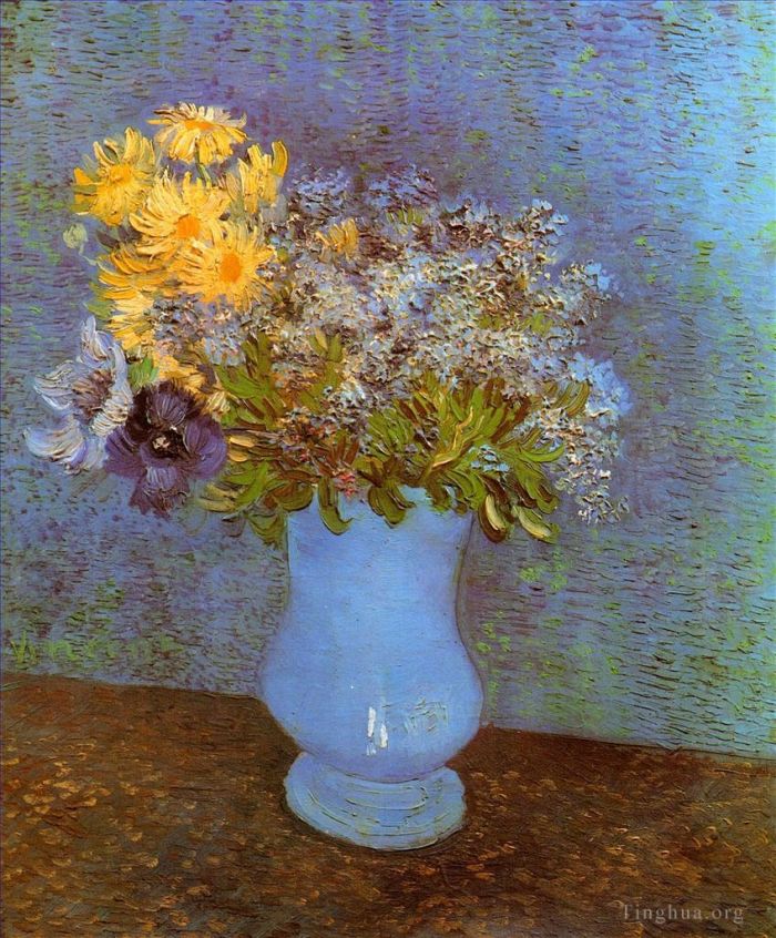 Vincent Willem Van Gogh Peinture à l'huile - Vase avec marguerites lilas et anémones