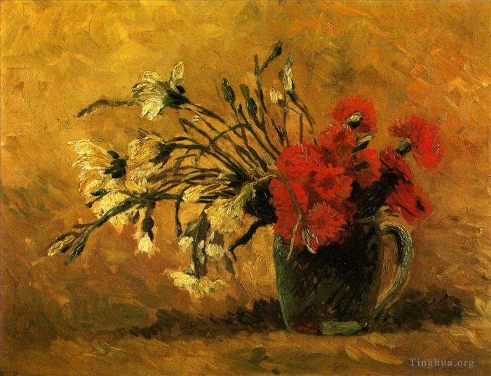 Vincent Willem Van Gogh Peinture à l'huile - Vase avec œillets rouges et blancs sur fond jaune