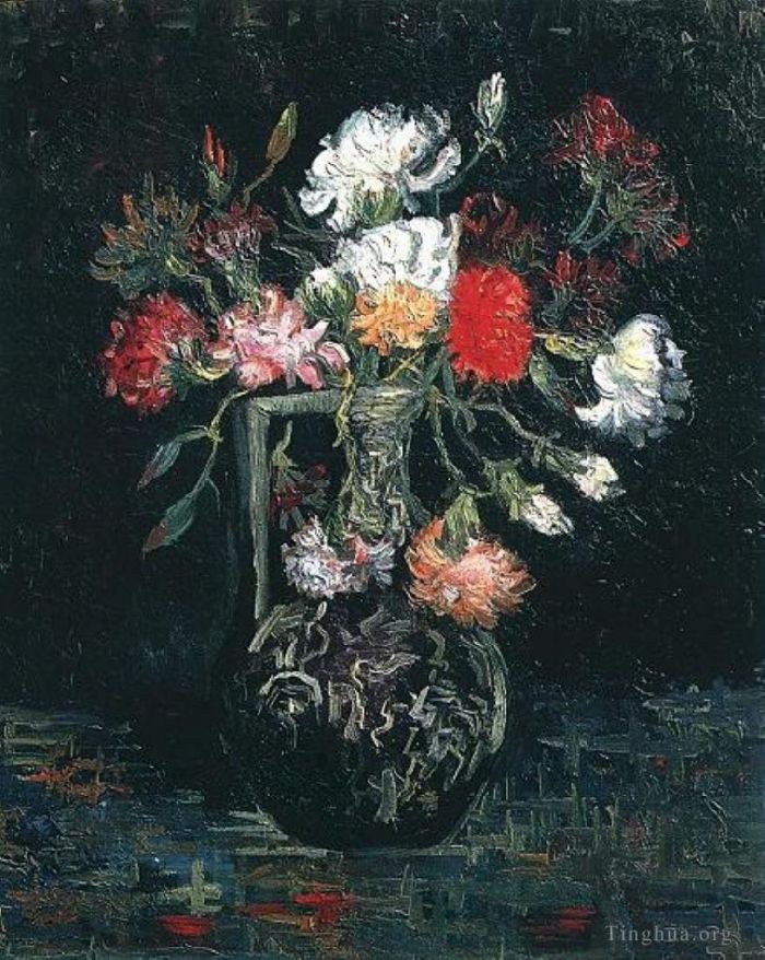 Vincent Willem Van Gogh Peinture à l'huile - Vase aux œillets blancs et rouges