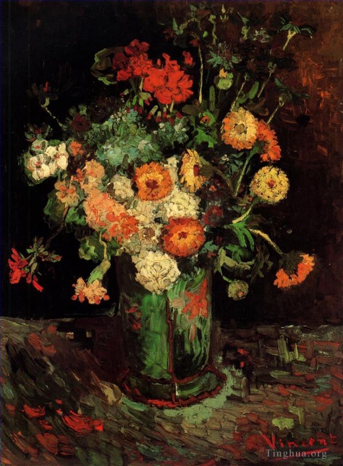 Vincent Willem Van Gogh Peinture à l'huile - Vase avec Zinnias et Géraniums
