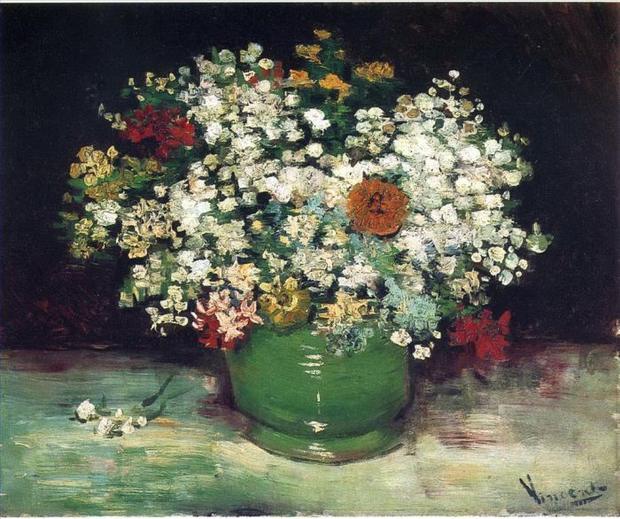 Vincent Willem Van Gogh Peinture à l'huile - Vase avec zinnias et autres fleurs