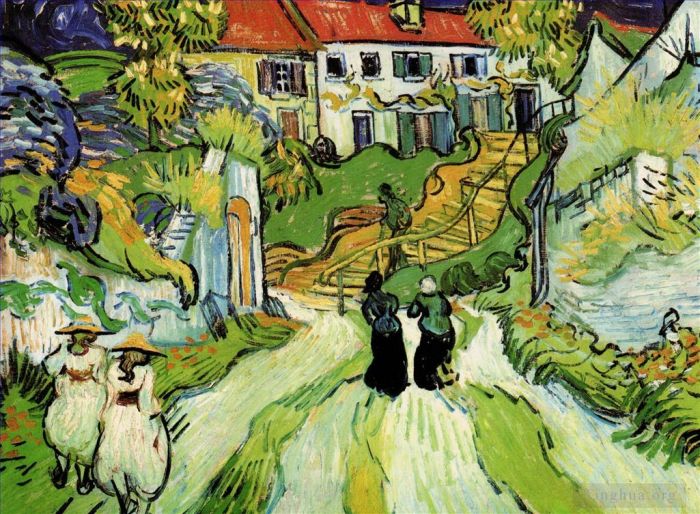 Vincent Willem Van Gogh Peinture à l'huile - Rue du village et marches d'Auvers avec personnages