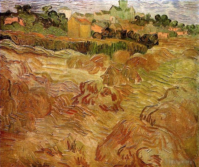 Vincent Willem Van Gogh Peinture à l'huile - Champs de blé avec Auvers en arrière-plan