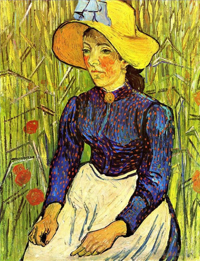 Vincent Willem Van Gogh Peinture à l'huile - Jeune paysanne au chapeau de paille assise devant un champ de blé