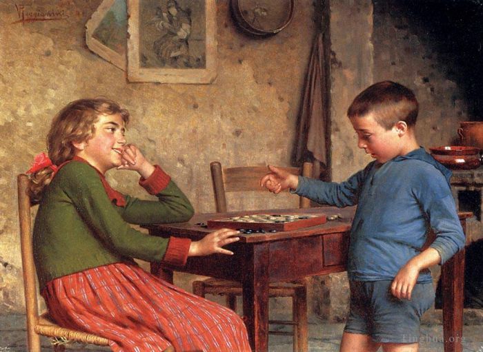 Vittorio Reggianini Peinture à l'huile - Les joueurs de repêchage