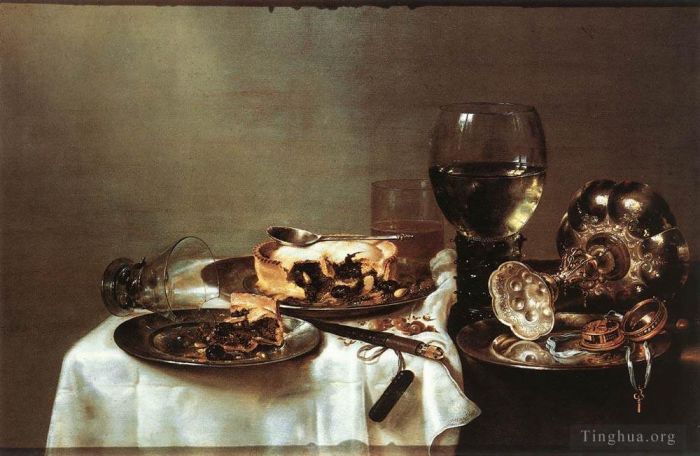 Willem Claeszoon Heda Peinture à l'huile - Table de petit déjeuner avec tarte aux mûres