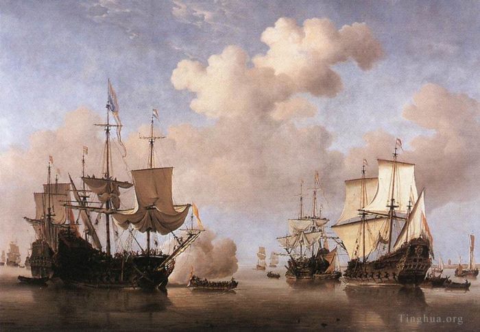Willem van de Velde the Younger Peinture à l'huile - Des navires hollandais calmes viennent mouiller