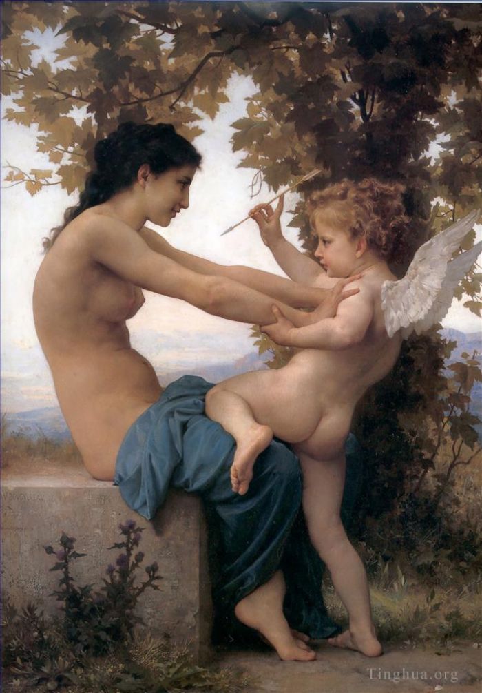 William-Adolphe Bouguereau Peinture à l'huile - Jeune fille se défend contre lamour