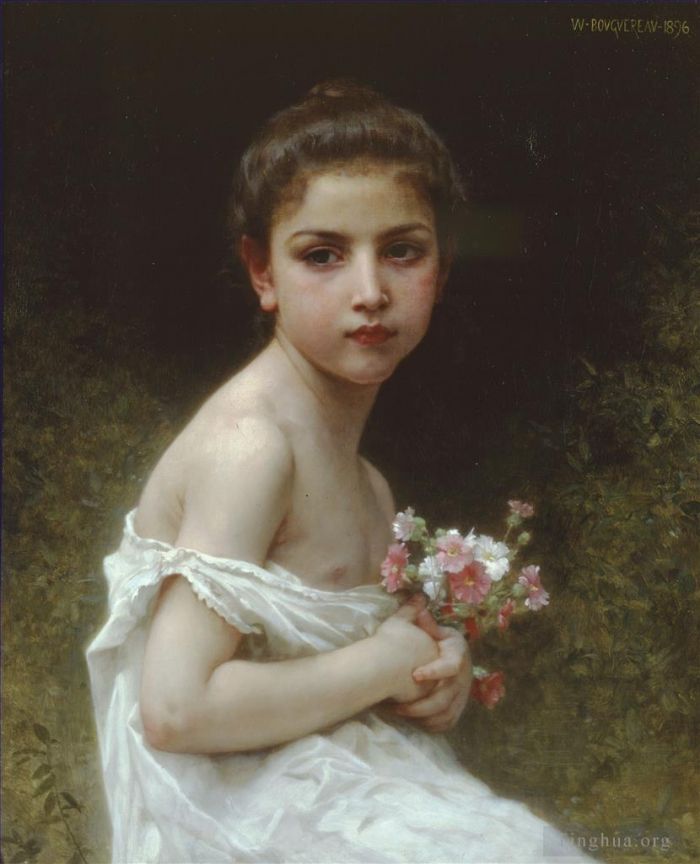 William-Adolphe Bouguereau Peinture à l'huile - Petite fille au bouquet