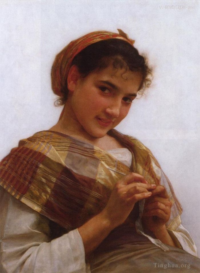 William-Adolphe Bouguereau Peinture à l'huile - Portrait d'une jeune fille au crochet