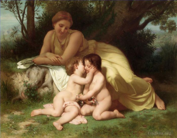 William-Adolphe Bouguereau Peinture à l'huile - Jeune femme contemplant deux enfants embrassant