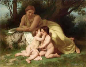 William-Adolphe Bouguereau œuvres - Jeune femme contemplant deux enfants embrassant