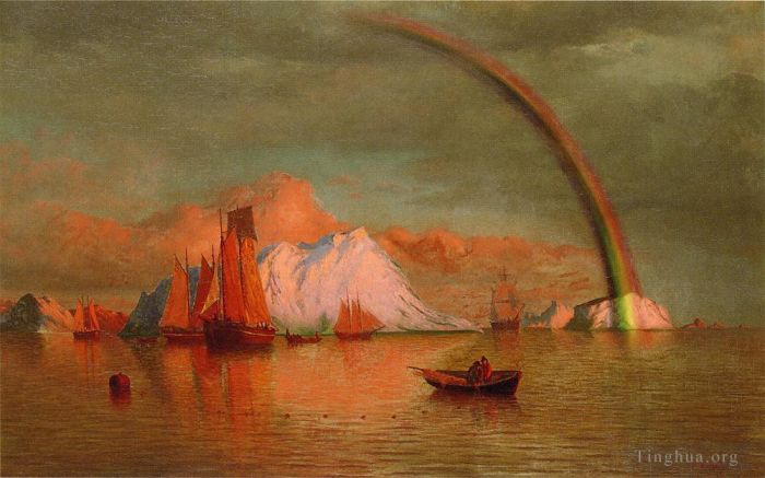 William Bradford Peinture à l'huile - Coucher de soleil arctique avec arc-en-ciel