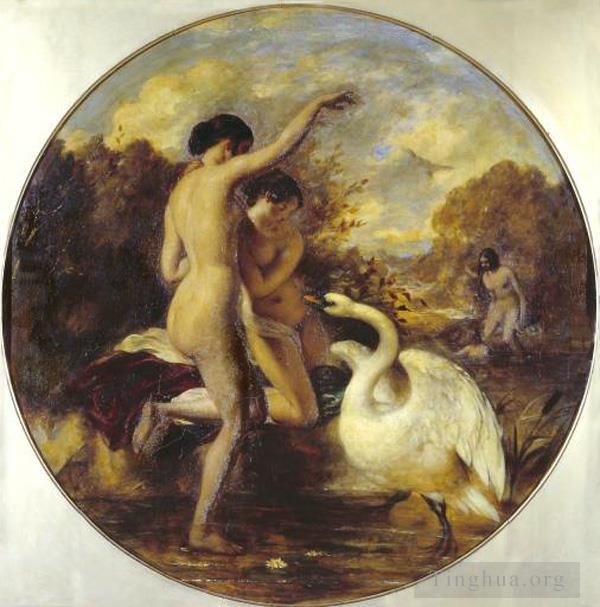 William Etty Peinture à l'huile - Des baigneuses surprises par un cygne