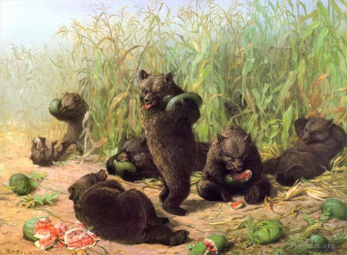 William Holbrook Beard Peinture à l'huile - Les ours mangent de la pastèque