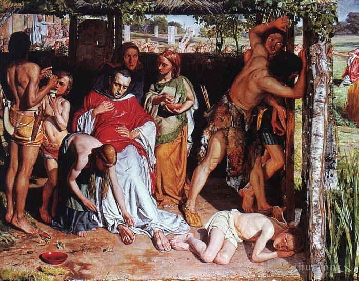 William Holman Hunt Peinture à l'huile - Une famille britannique convertie protégeant un missionnaire chrétien de la persécution des druides