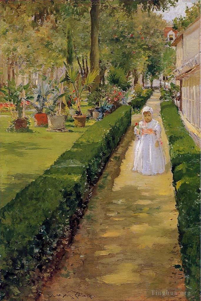 William Merritt Chase Peinture à l'huile - Enfant lors d'une promenade dans le jardin