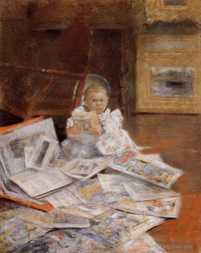 William Merritt Chase Peinture à l'huile - Enfant avec des empreintes