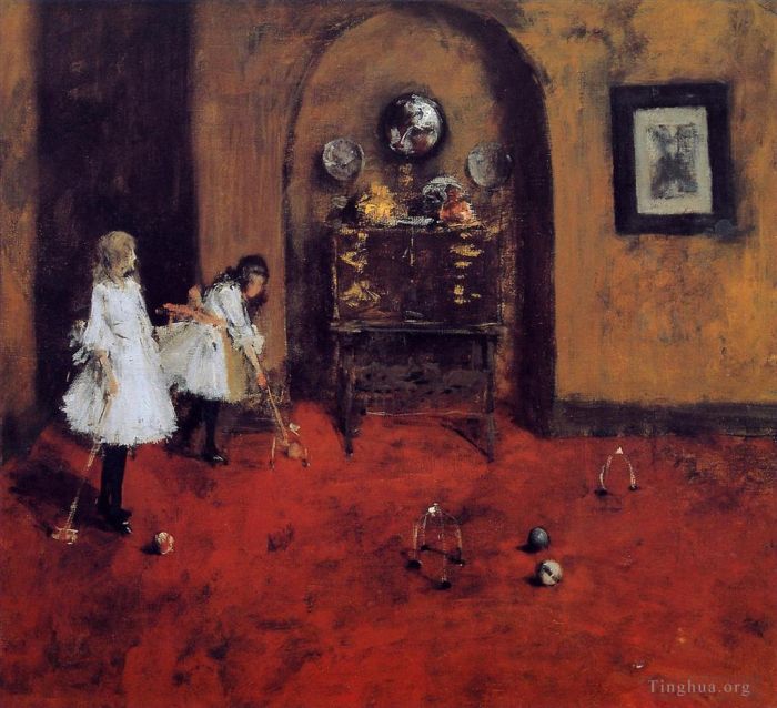 William Merritt Chase Peinture à l'huile - Enfants jouant au croquet dans un salon