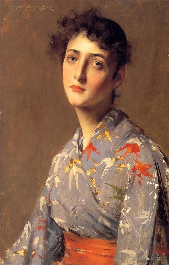 William Merritt Chase Peinture à l'huile - Fille dans un kimono japonais