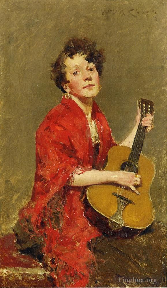 William Merritt Chase Peinture à l'huile - Fille avec guitare