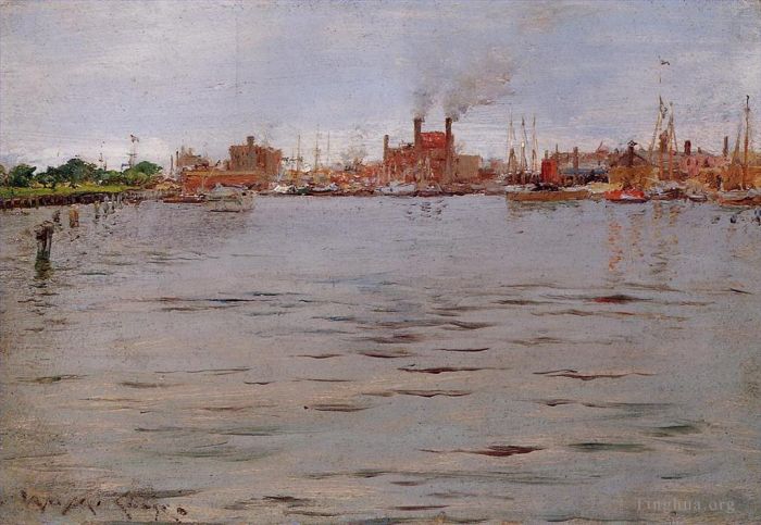 William Merritt Chase Peinture à l'huile - Scène du port, quais de Brooklyn