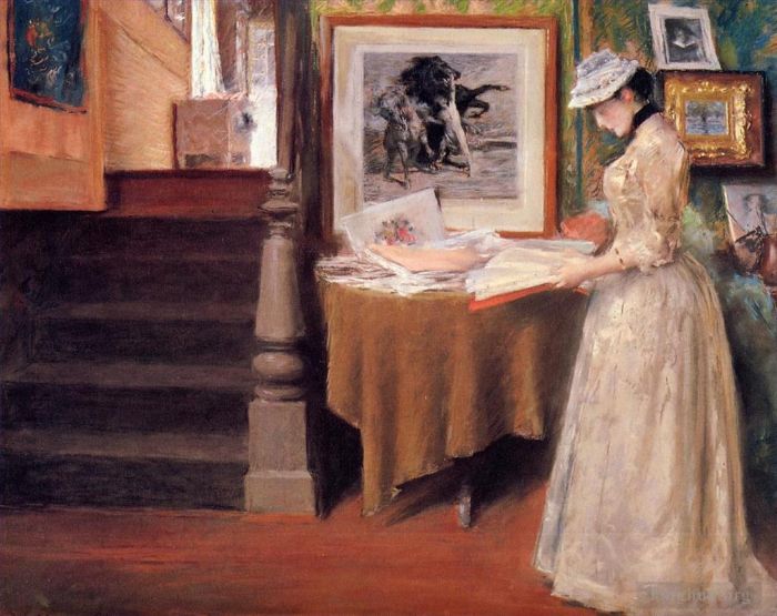William Merritt Chase Peinture à l'huile - Intérieur jeune femme à une table