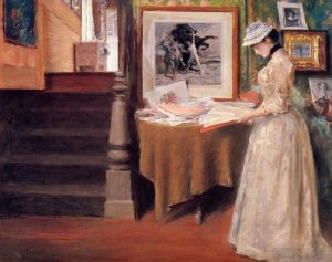 William Merritt Chase œuvres - Intérieur jeune femme à une table