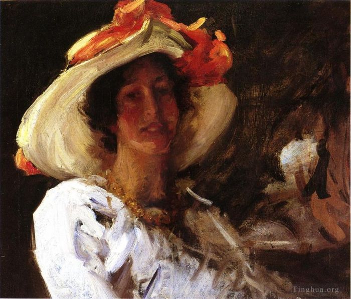 William Merritt Chase Peinture à l'huile - Portrait de Clara Stephens portant un chapeau avec un ruban orange