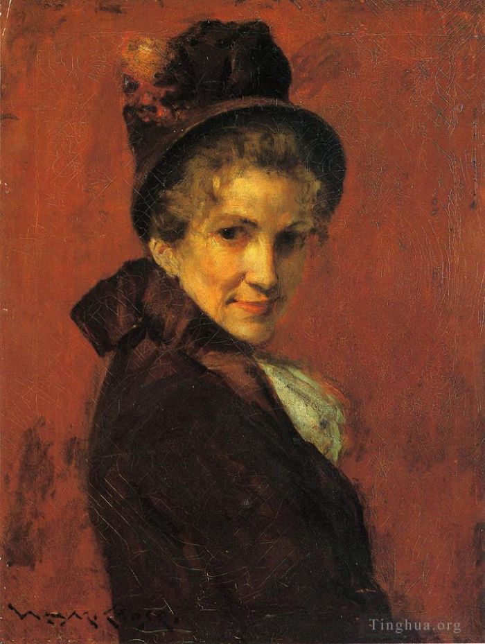 William Merritt Chase Peinture à l'huile - Portrait de femme bonnet noir