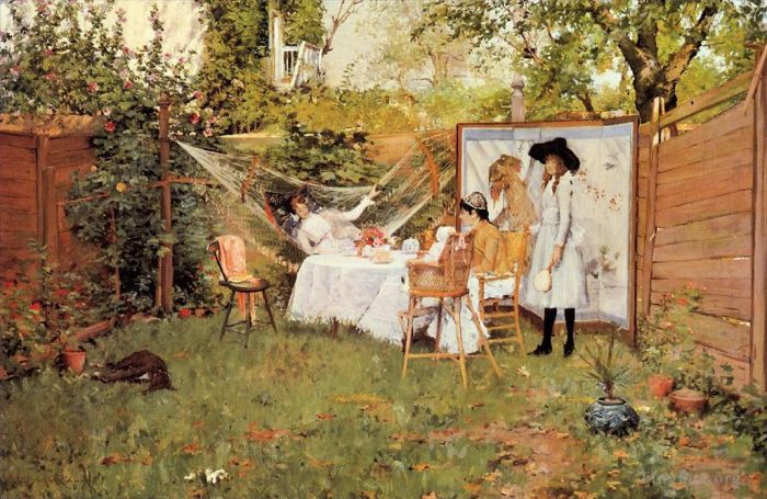 William Merritt Chase Peinture à l'huile - Le petit-déjeuner en plein air, également connu sous le nom de petit-déjeuner dans la cour, à l'extérieur