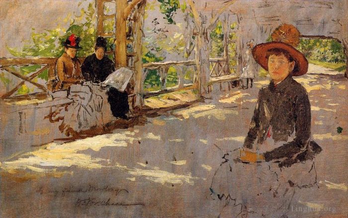 William Merritt Chase Peinture à l'huile - Femmes sous treillis inachevé
