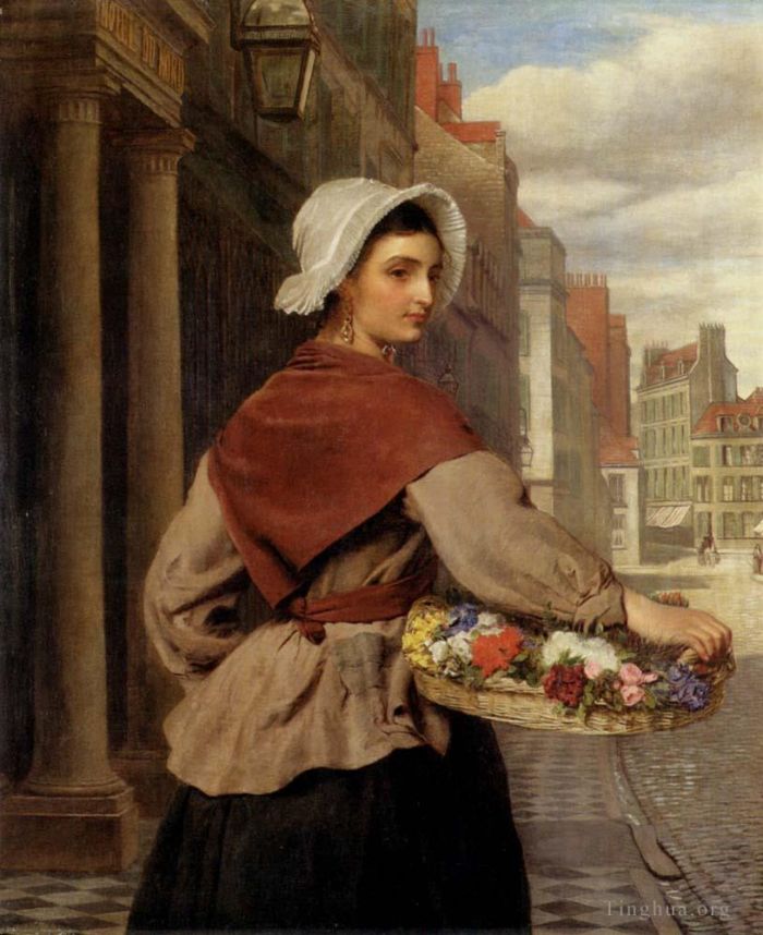 William Powell Frith Peinture à l'huile - Le vendeur de fleurs