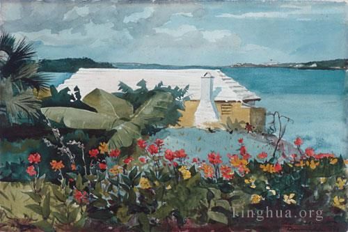 Winslow Homer Peinture à l'huile - Jardin fleuri et bungalow