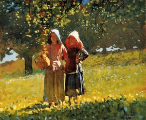 Winslow Homer œuvres - Cueillette de pommes alias Deux filles en bonnets solaires ou dans le verger