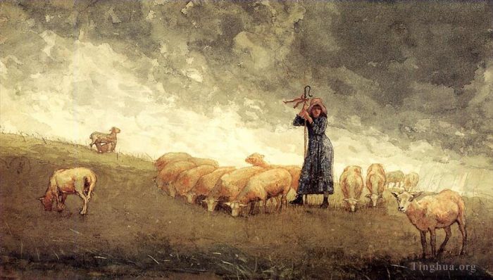 Winslow Homer Types de peintures - Bergère s'occupant des moutons