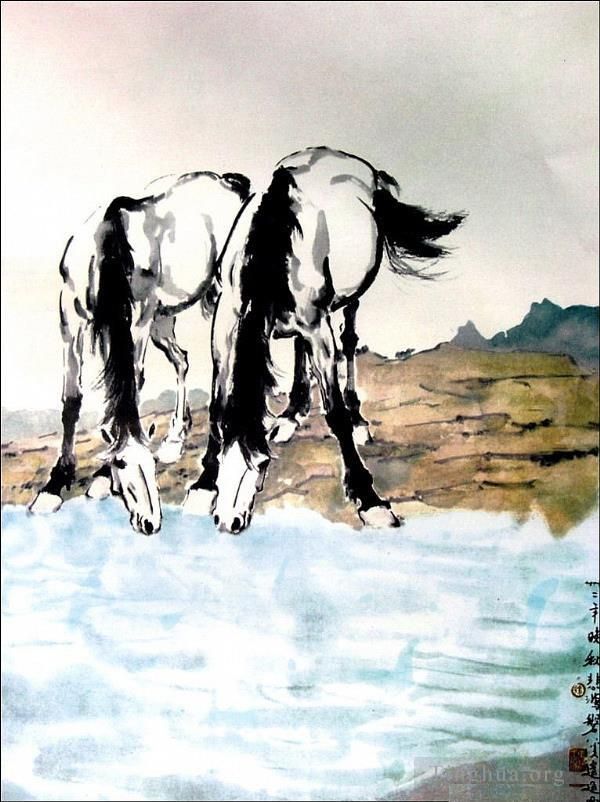 Xu Beihong Art Chinois - Les chevaux boivent de l'eau