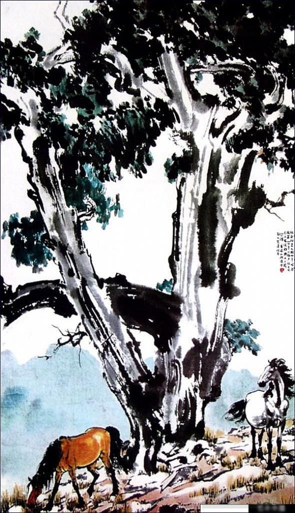 Xu Beihong Art Chinois - Chevaux sous un arbre